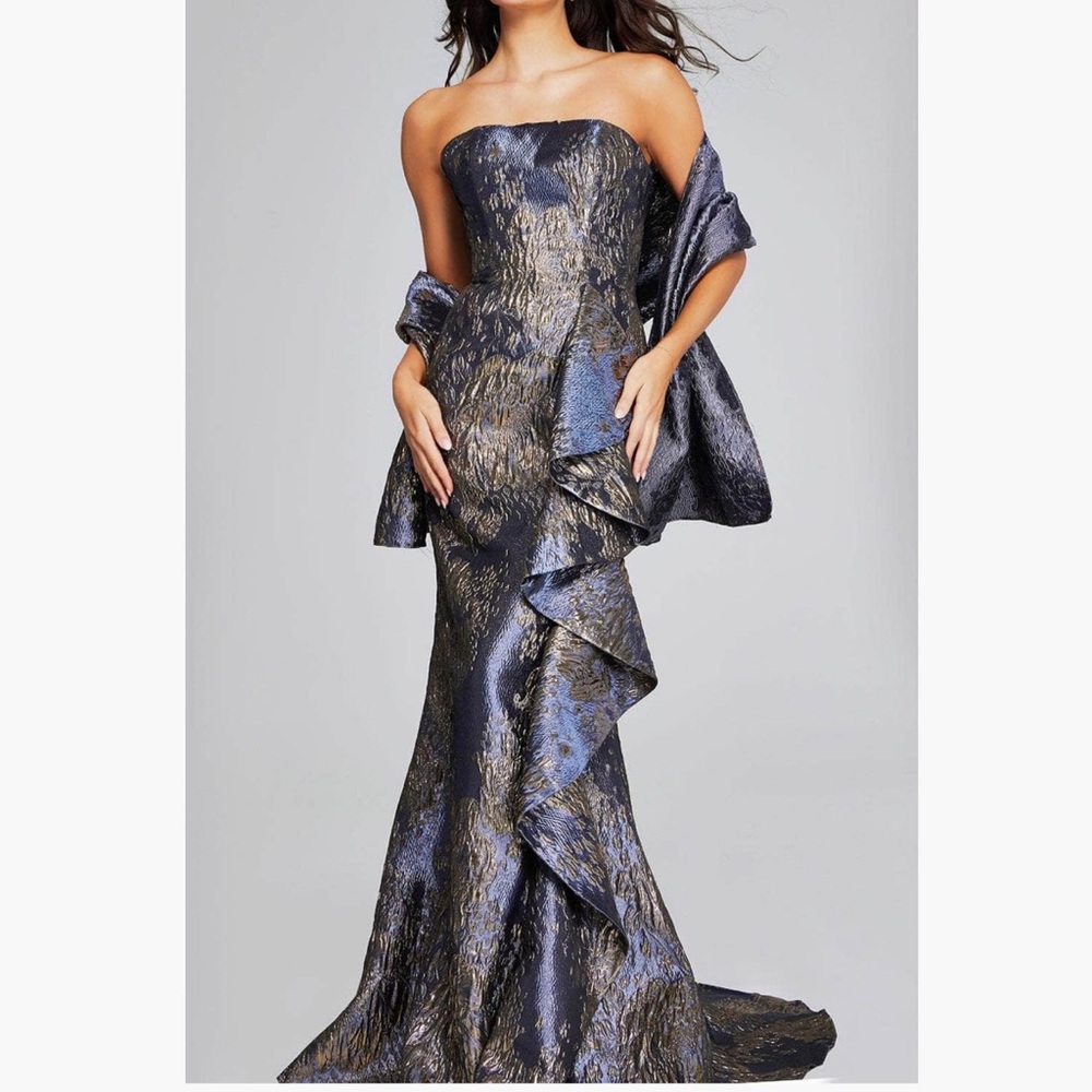 JOVANI Ruffled Accent Mermaid Evening Gown Gray and Gold with custom bolero - Picture 2 of 14